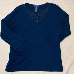 Chaps Navy Blue Henley Top with 3/4 Sleeves and Lace Collar Detail